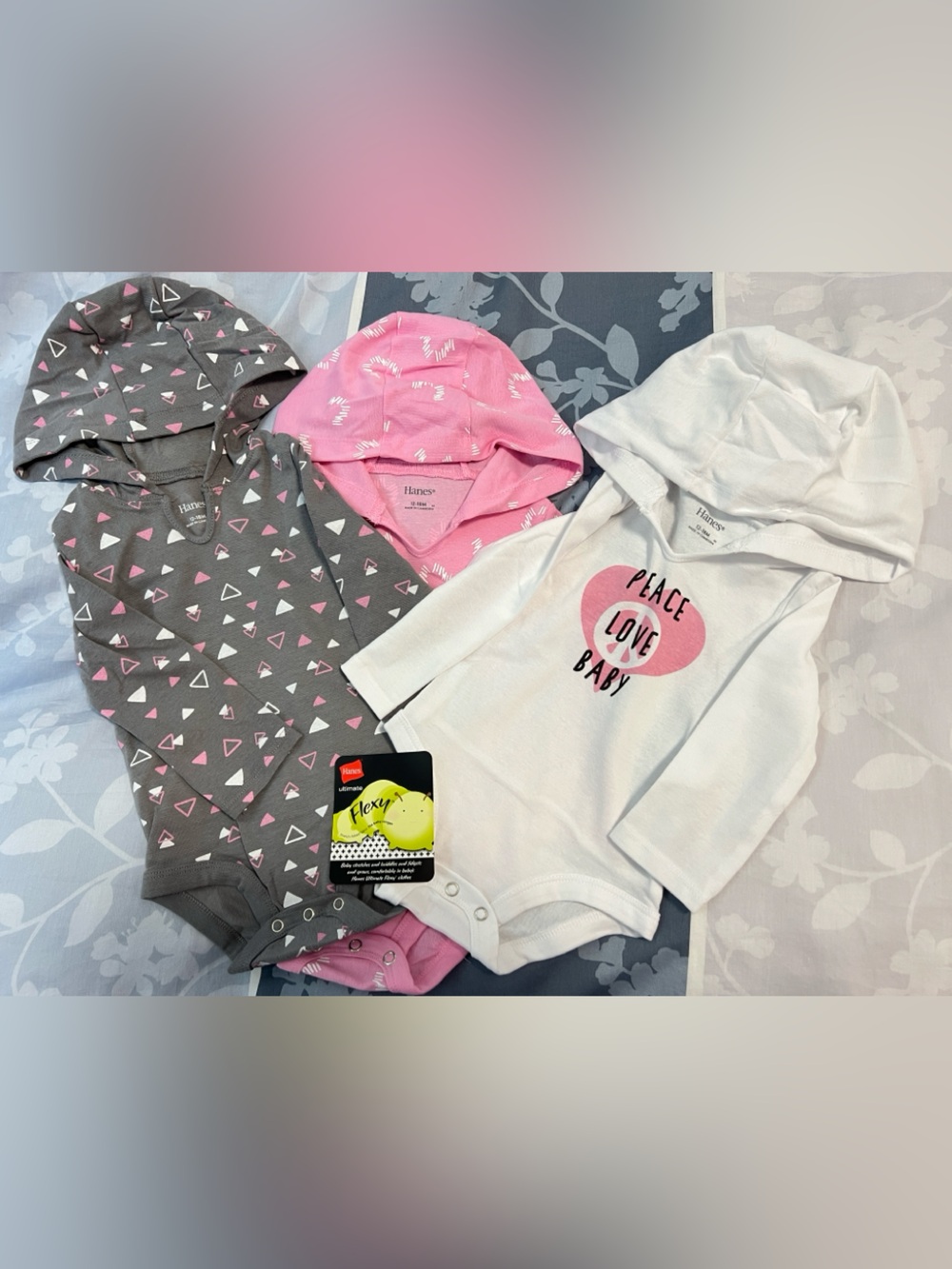 BNNT Hanes 12-18 months, 3 pc Hooded, Long-Sleeve Onsies Set, Pink/Gray/White